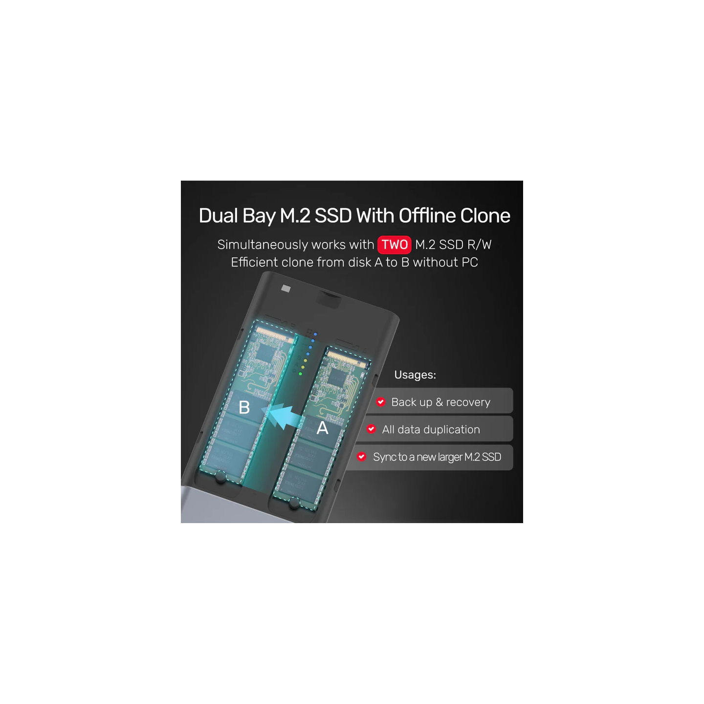 Unitek USB-C NVMe PCIe Enclosure 20Gbps Dual Offline Clone - S1206A - USB-C NVMe PCIe Enclosure 20Gbps Dual Offline Clone