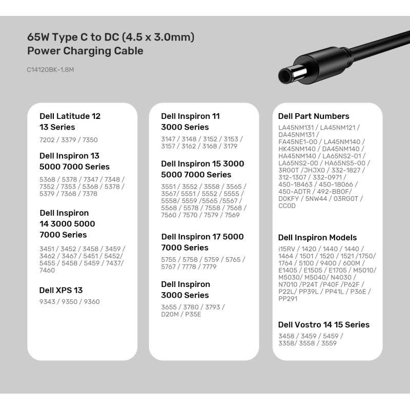 Buy Unitek UCL USB-C to DC Cable - C14120BK - 1.8m 65W for Dell 4.5 3.0mm in Cyprus, Nicosia, Limassol, Larnaka, Pafos