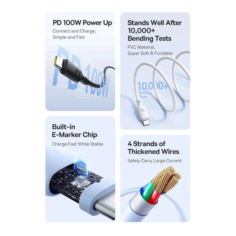 Buy Baseus Cable USB-C to USB-C Silky Series - 1.0m 100W White in Cyprus, Nicosia, Limassol, Larnaka, Pafos