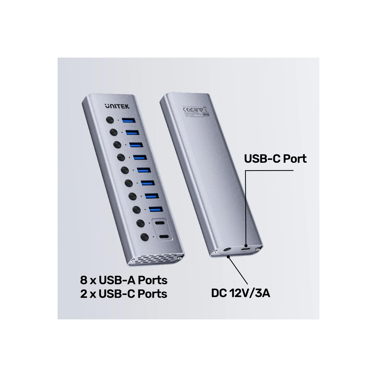 Unitek USB-C Hub - H1315B - 8xUSB-A Power Switch 2xUSB-C 12V3A — Buy in Cyprus with Fast Delivery