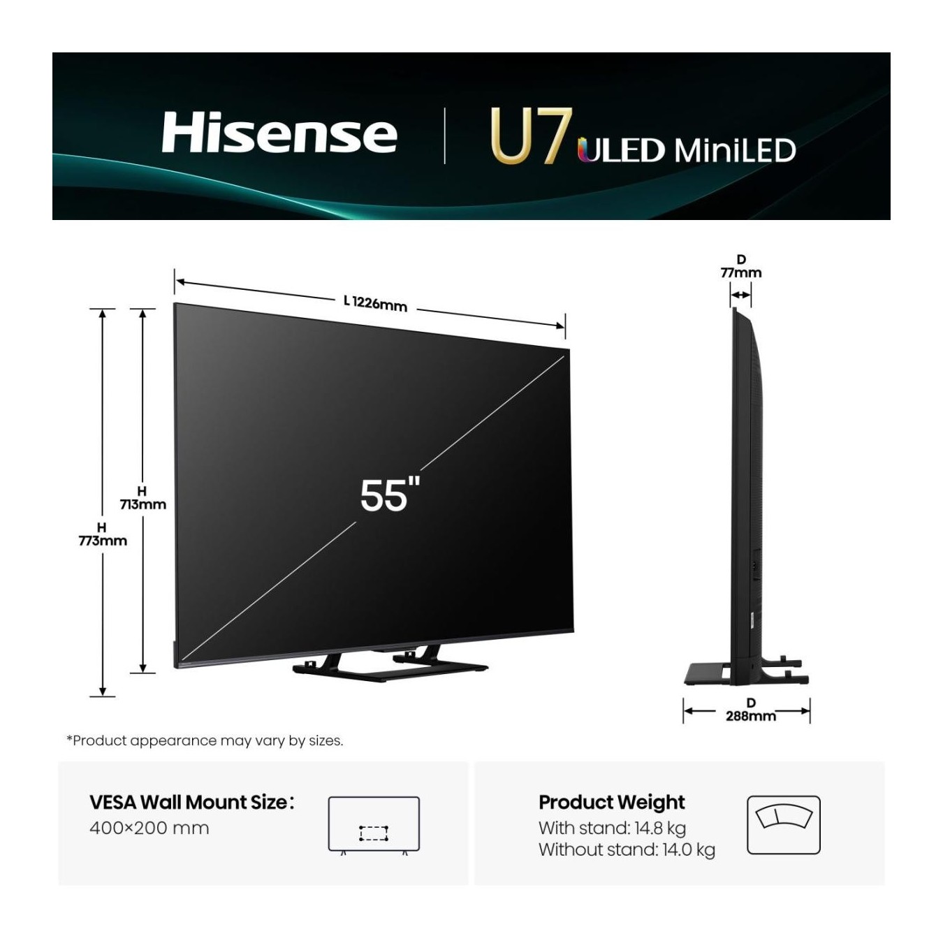 Hisense TV - 55U7Q - 55'' 4K Smart QLED MINI LED 144hz Gaming TV — Buy in Cyprus with Fast Delivery
