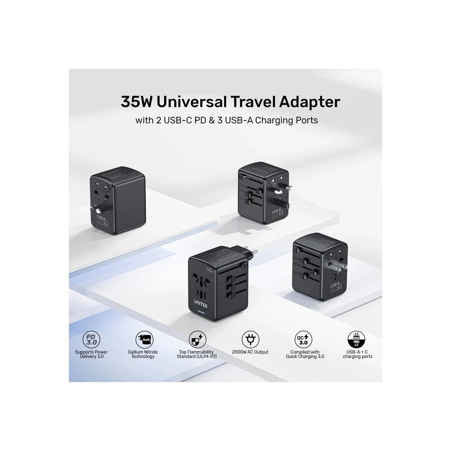 Unitek Universal Travel Wall Charger - P1121A - 35W 2xUSB-C + 3xUSB-A — Buy in Cyprus with Fast Delivery