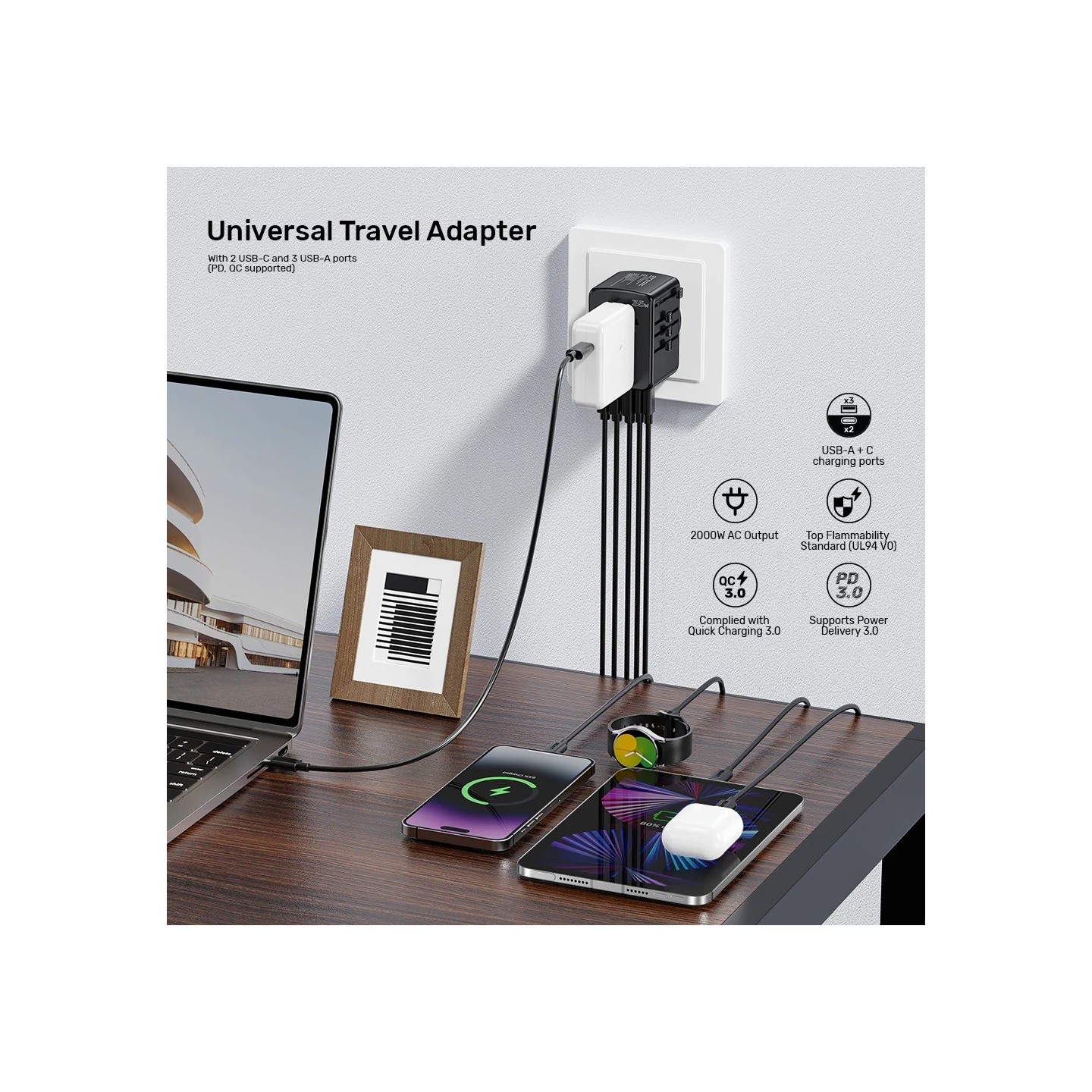 Unitek Universal Travel Wall Charger - P1121A - 35W 2xUSB-C + 3xUSB-A — Buy in Cyprus with Fast Delivery