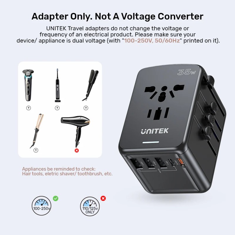 Buy Unitek Universal Travel Wall Charger - P1121A - 35W 2xUSB-C + 3xUSB-A in Cyprus, Nicosia, Limassol, Larnaka, Pafos