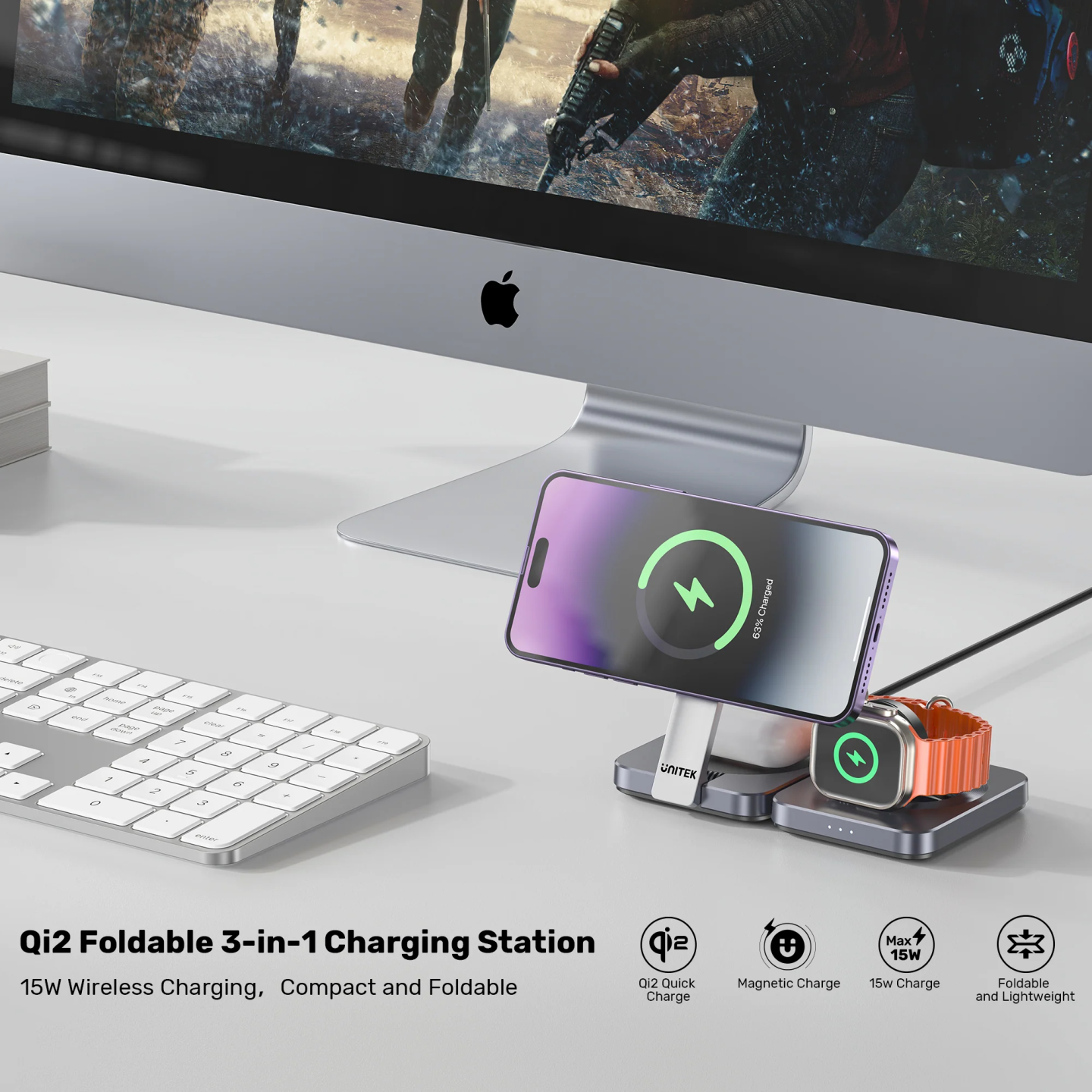 Unitek Charge Wireless Qi2 15W Foldable 3-in-1 Charging Station - P1300A - Wireless Qi2 15W Foldable 3-in-1