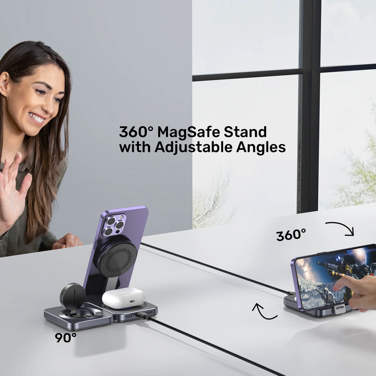 Unitek Charge Wireless Qi2 15W Foldable 3-in-1 Charging Station - P1300A - Wireless Qi2 15W Foldable 3-in-1
