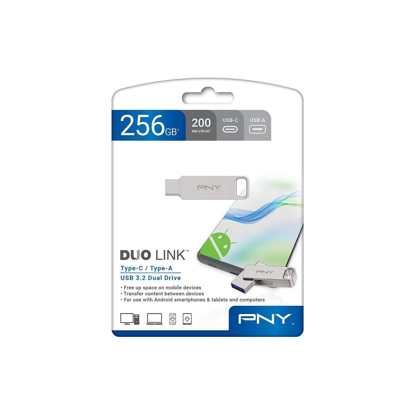 PNY Flash Drive Duo Link USB 3.2 Dual Connector OTG Capless Swivel 256GB Black FDI256DULINKTYC