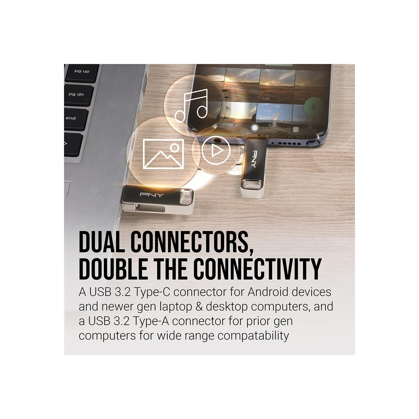 PNY Flash Drive Duo Link USB 3.2 Dual Connector OTG Capless Swivel 256GB Black FDI256DULINKTYC