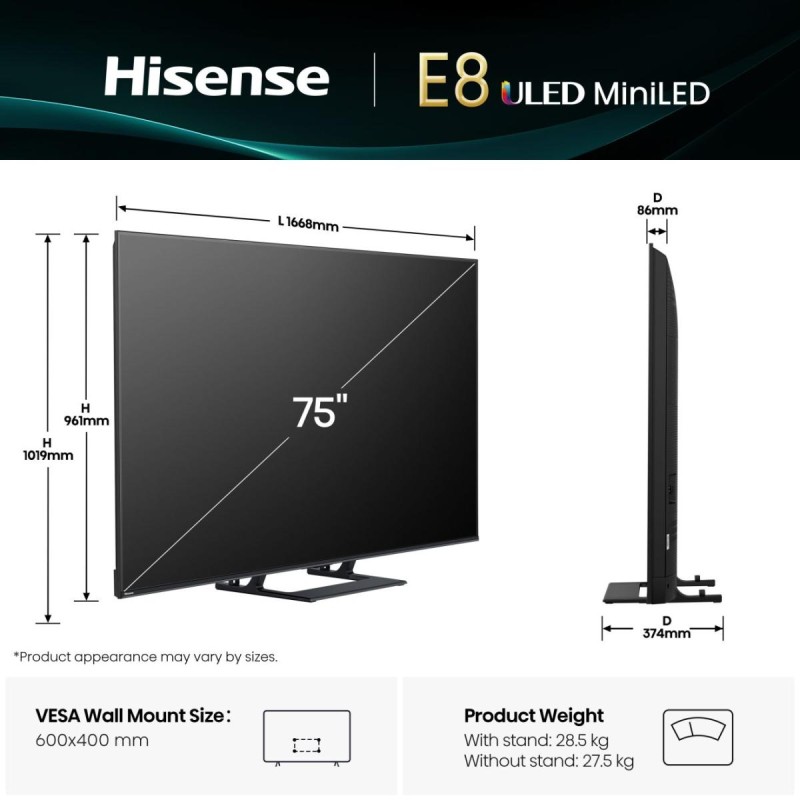 Buy Hisense TV - 75E8Q - 75'' 4K Smart QLED MINI LED 144hz TV in Cyprus, Nicosia, Limassol, Larnaka, Pafos