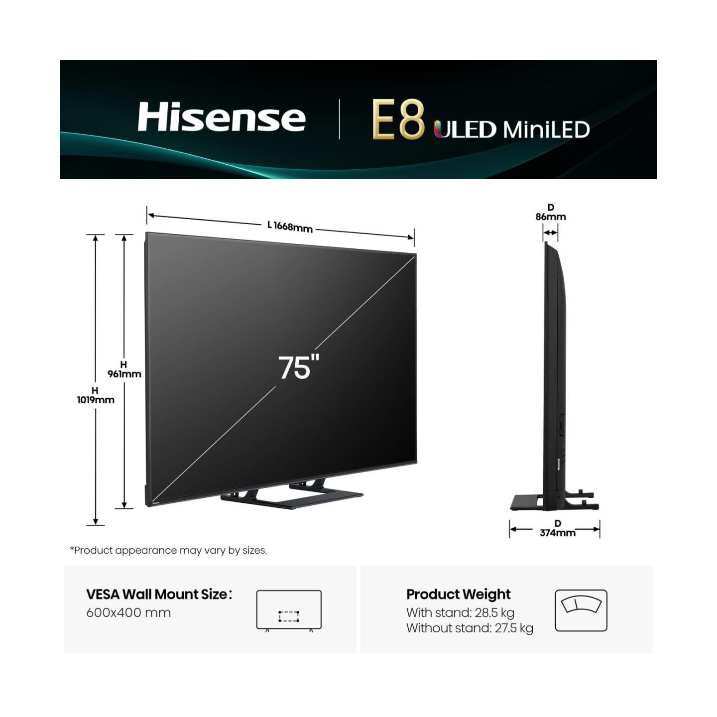 Hisense TV - 75E8Q - 75'' 4K Smart QLED MINI LED 144hz TV — Buy in Cyprus with Fast Delivery