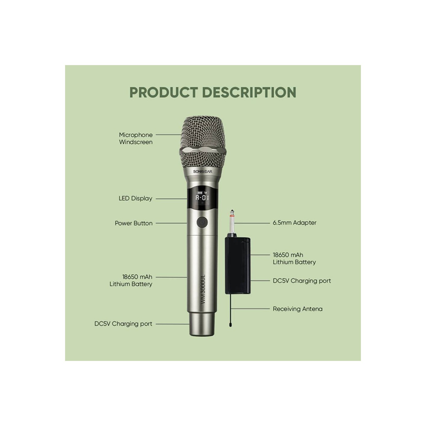 SonicGear Palladium - WM3000UL - 1x Handset Wireless UHF Microphone with Rechargeable Receiver