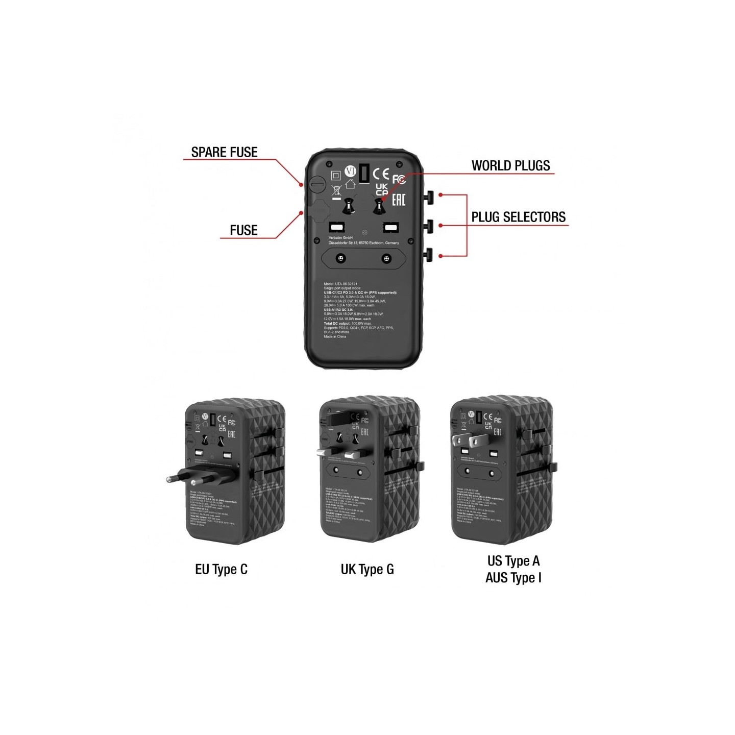 Verbatim Charger Travel Adapter World to World GAN III 100W 2xC 2xA UTA-06 — Buy in Cyprus with Fast Delivery