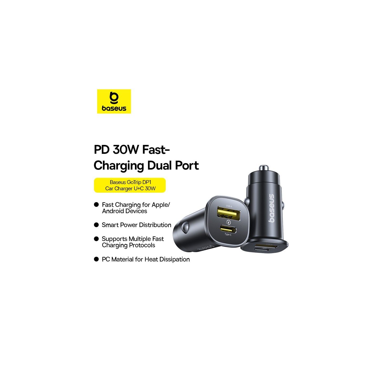 Baseus GoTrip Car Charger - DP1 - 30W U+C Cosmic Black — Buy in Cyprus with Fast Delivery