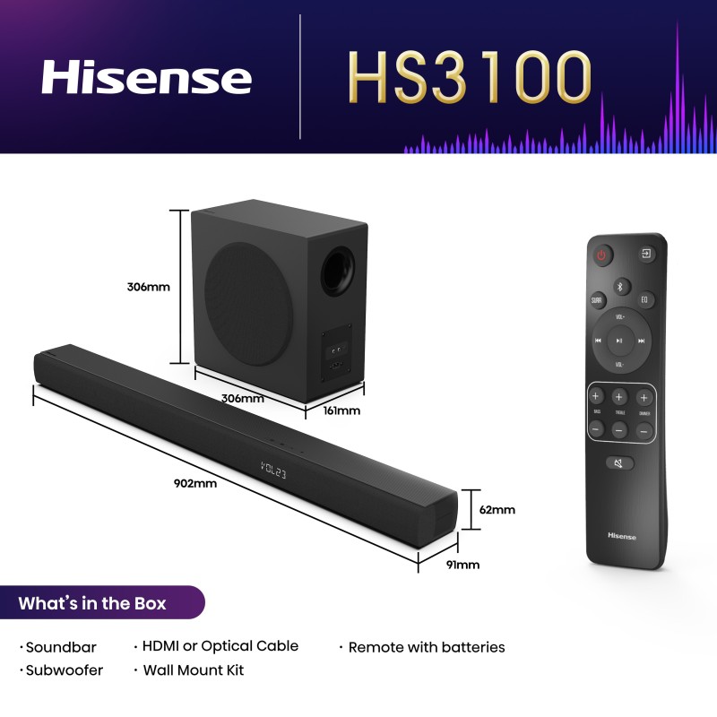 Buy Hisense Soundbar - HS3100 - 3.1 CH 480W BT USB Optical in Cyprus, Nicosia, Limassol, Larnaka, Pafos