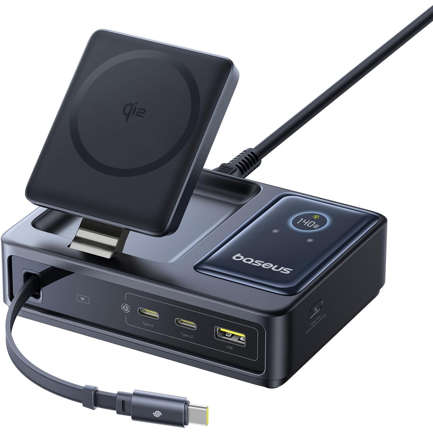 Baseus NOMOS - 5in1 Desktop 140W Wired & Wireless Charger Qi2 3xUSBC+1A with LED Display UK Plug