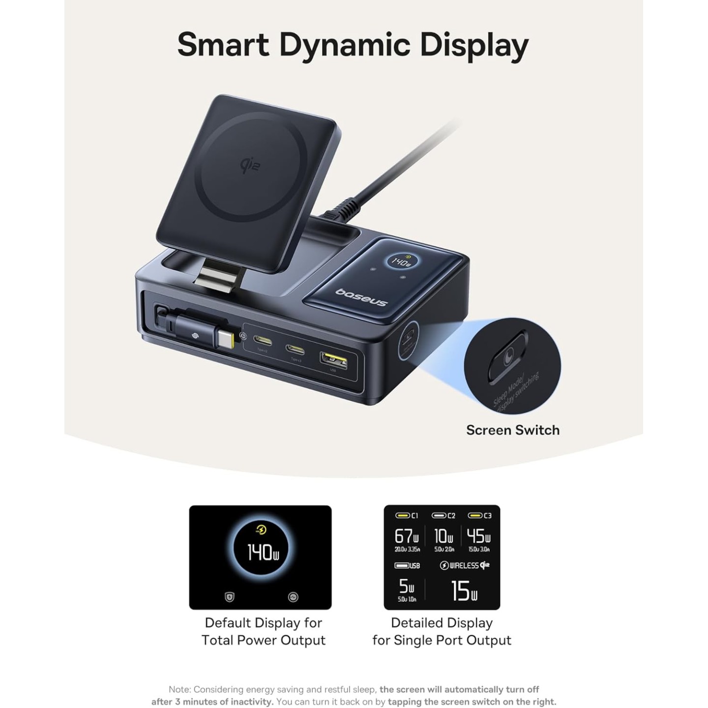 Baseus NOMOS - 5in1 Desktop 140W Wired & Wireless Charger Qi2 3xUSBC+1A with LED Display UK Plug