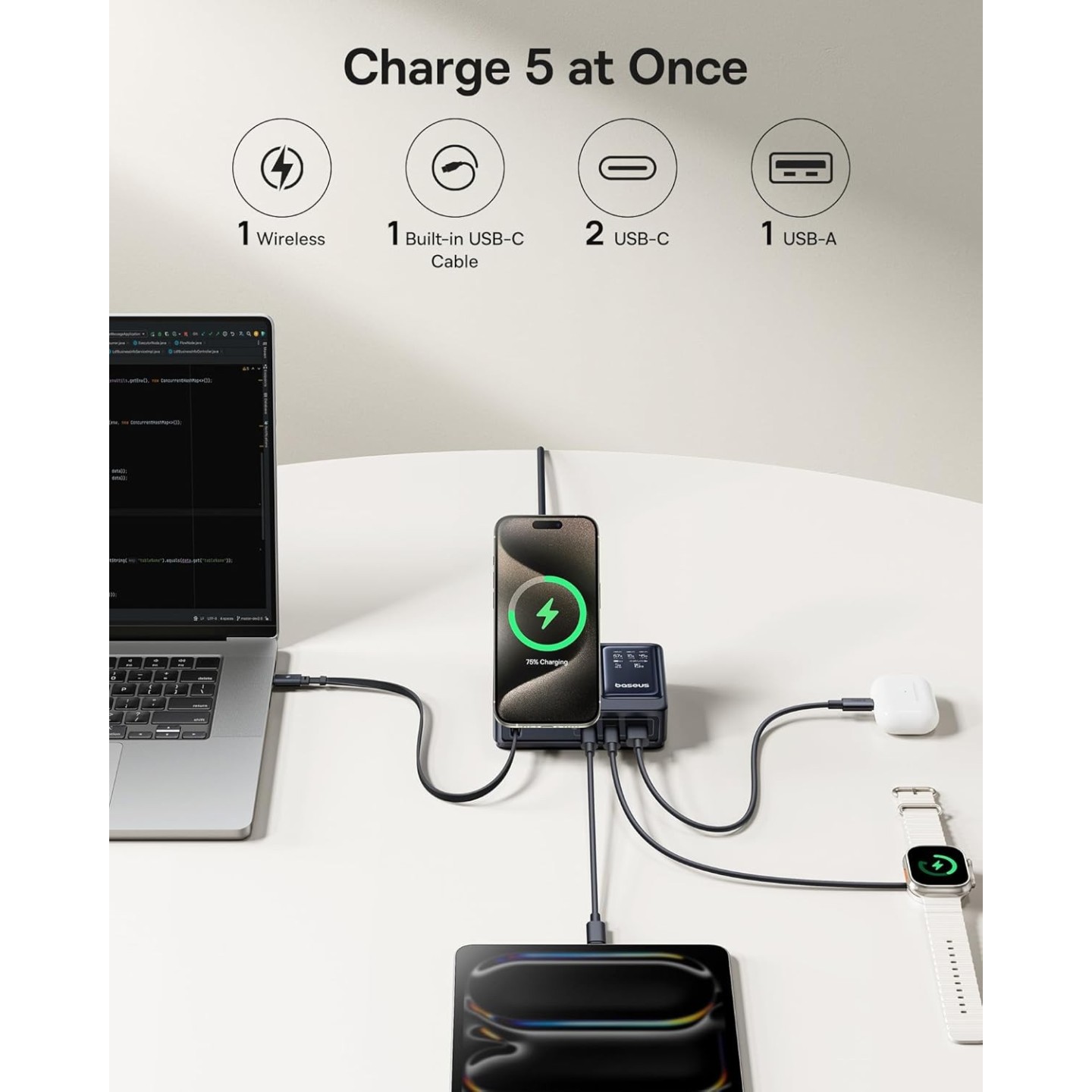 Baseus NOMOS - 5in1 Desktop 140W Wired & Wireless Charger Qi2 3xUSBC+1A with LED Display UK Plug