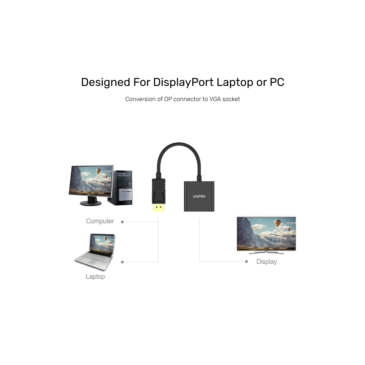 Unitek DisplayPort to VGA-Female Adaptor - Y-5118E - Black — Buy in Cyprus with Fast Delivery