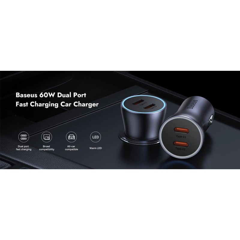 Buy Baseus Golden Contactor Max Car Charger - C+C 60W Dark Gray in Cyprus, Nicosia, Limassol, Larnaka, Pafos