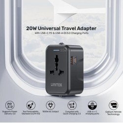 Buy Unitek Universal Travel Charger - P1120A - 20W USBC+USBA Black in Cyprus, Nicosia, Limassol, Larnaka, Pafos