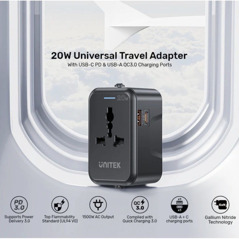 Buy Unitek Universal Travel Charger - P1120A - 20W USBC+USBA Black in Cyprus, Nicosia, Limassol, Larnaka, Pafos