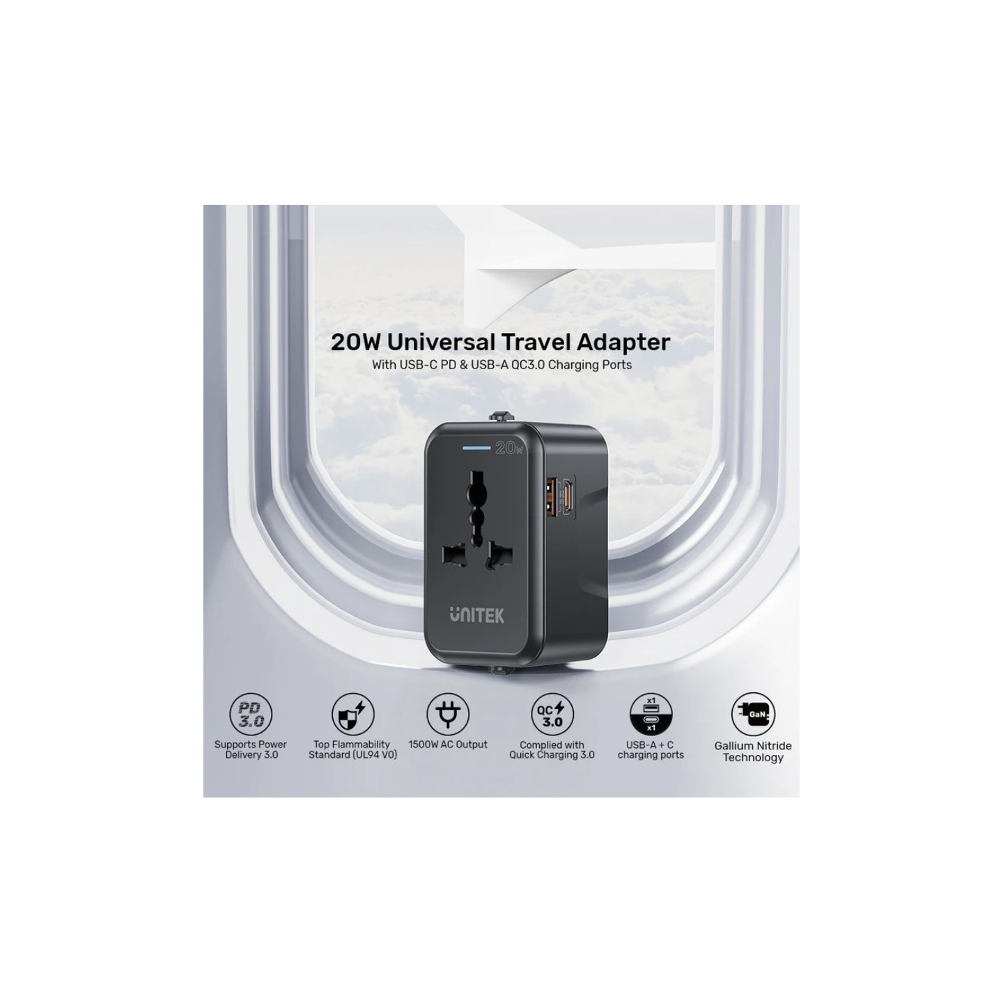 Unitek Universal Travel Charger - P1120A - 20W USBC+USBA Black — Buy in Cyprus with Fast Delivery