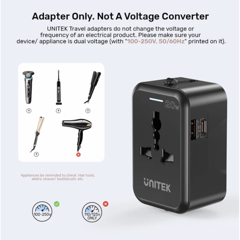 Buy Unitek Universal Travel Charger - P1120A - 20W USBC+USBA Black in Cyprus, Nicosia, Limassol, Larnaka, Pafos
