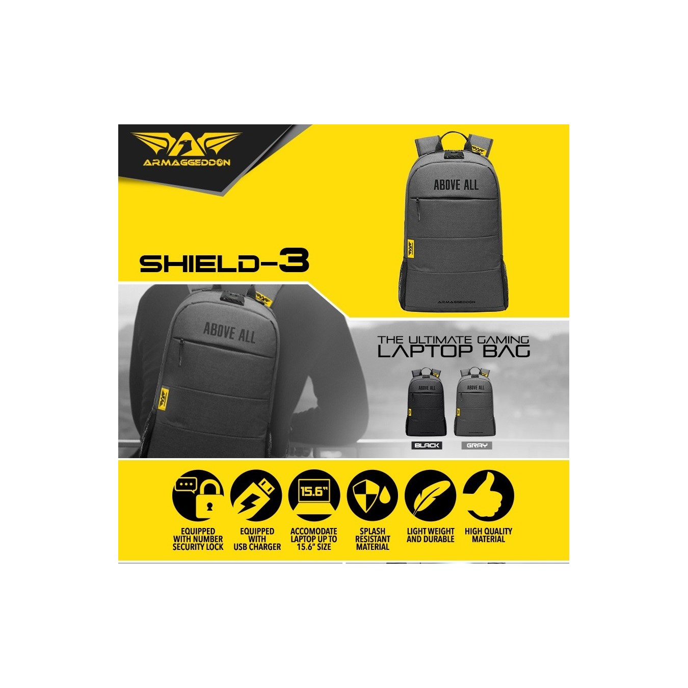 Armaggeddon SHIELD 3 Anti-Theft Gaming Laptop Backpack 15.6" – Waterproof USB Port | Armenius Store