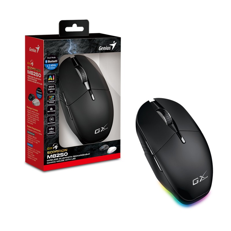 Buy Genius Mouse - M8250 - Wireless+BT Recharg RGB AI 3200DPI Scorpion Black in Cyprus, Nicosia, Limassol, Larnaka, Pafos