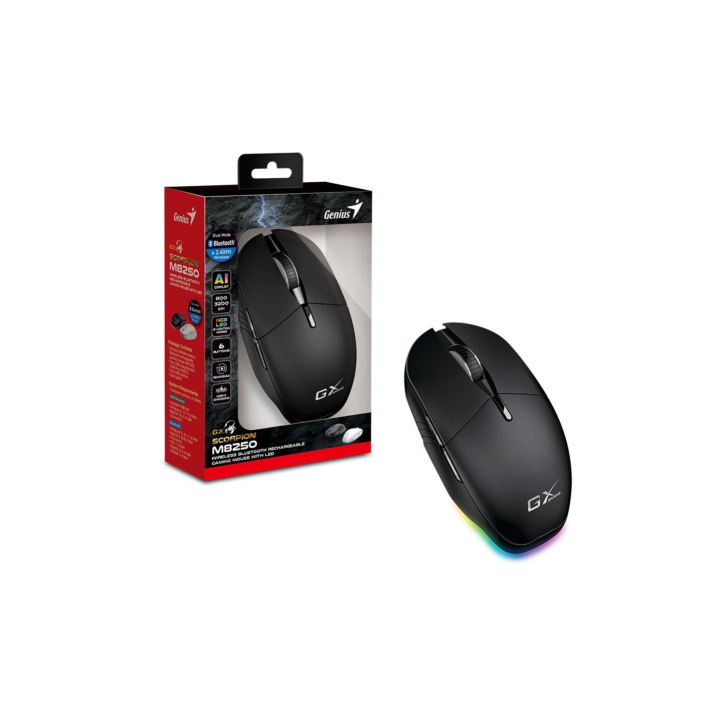 Genius Scorpion M8250 Wireless BT+2.4G Rechargeable RGB AI 3200DPI Black (Boxed) — Buy in Cyprus with Fast Delivery