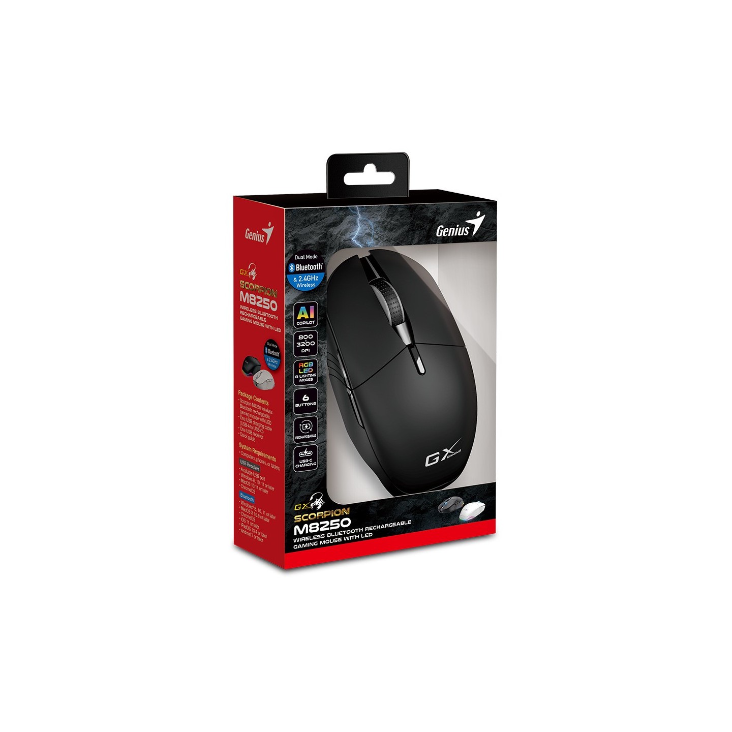 Genius Scorpion M8250 Wireless BT+2.4G Rechargeable RGB AI 3200DPI Black (Boxed) — Buy in Cyprus with Fast Delivery