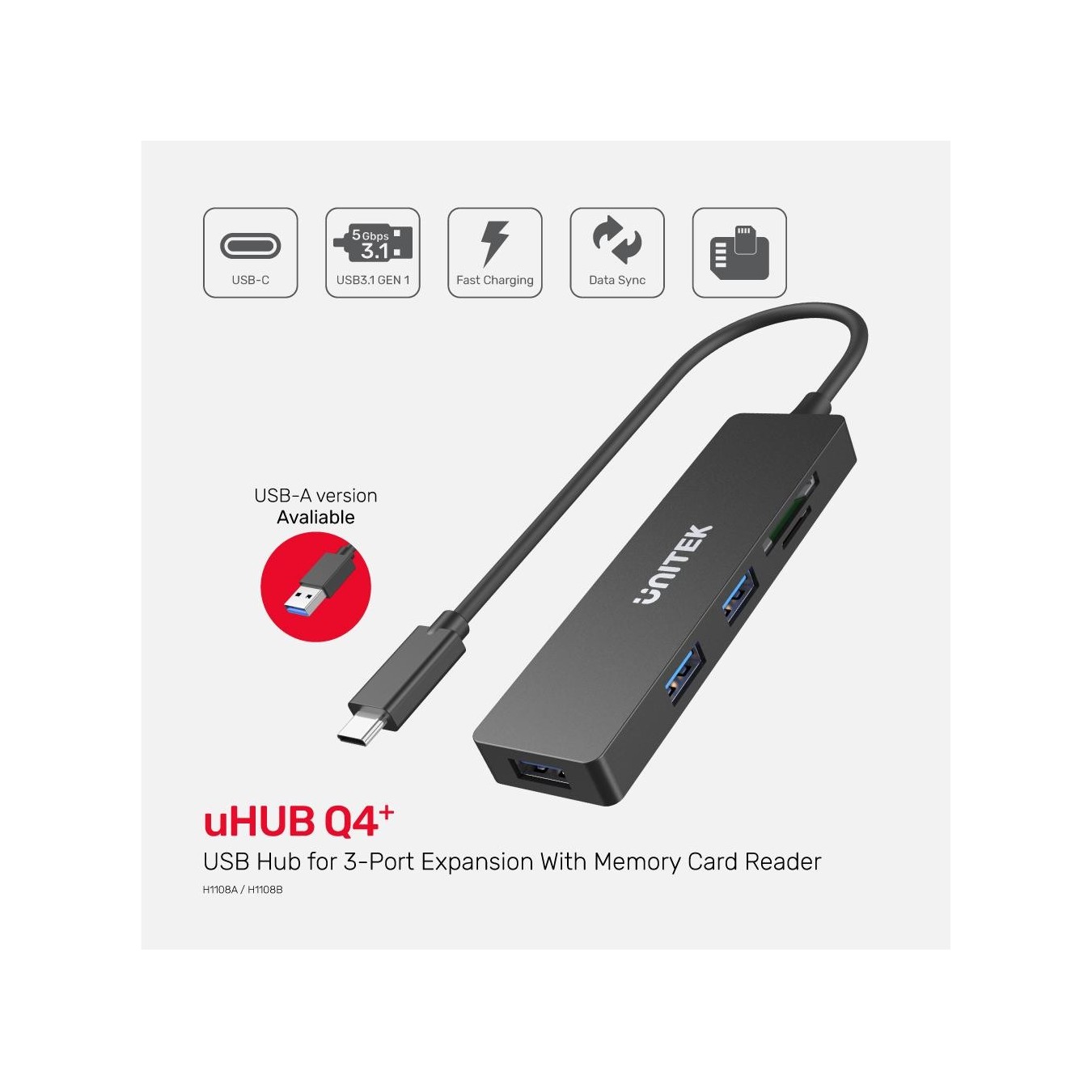 Unitek H1108A USB 3.1 3-Port Hub with Card Reader – 5Gbps SD/microSD Reader | Armenius Store