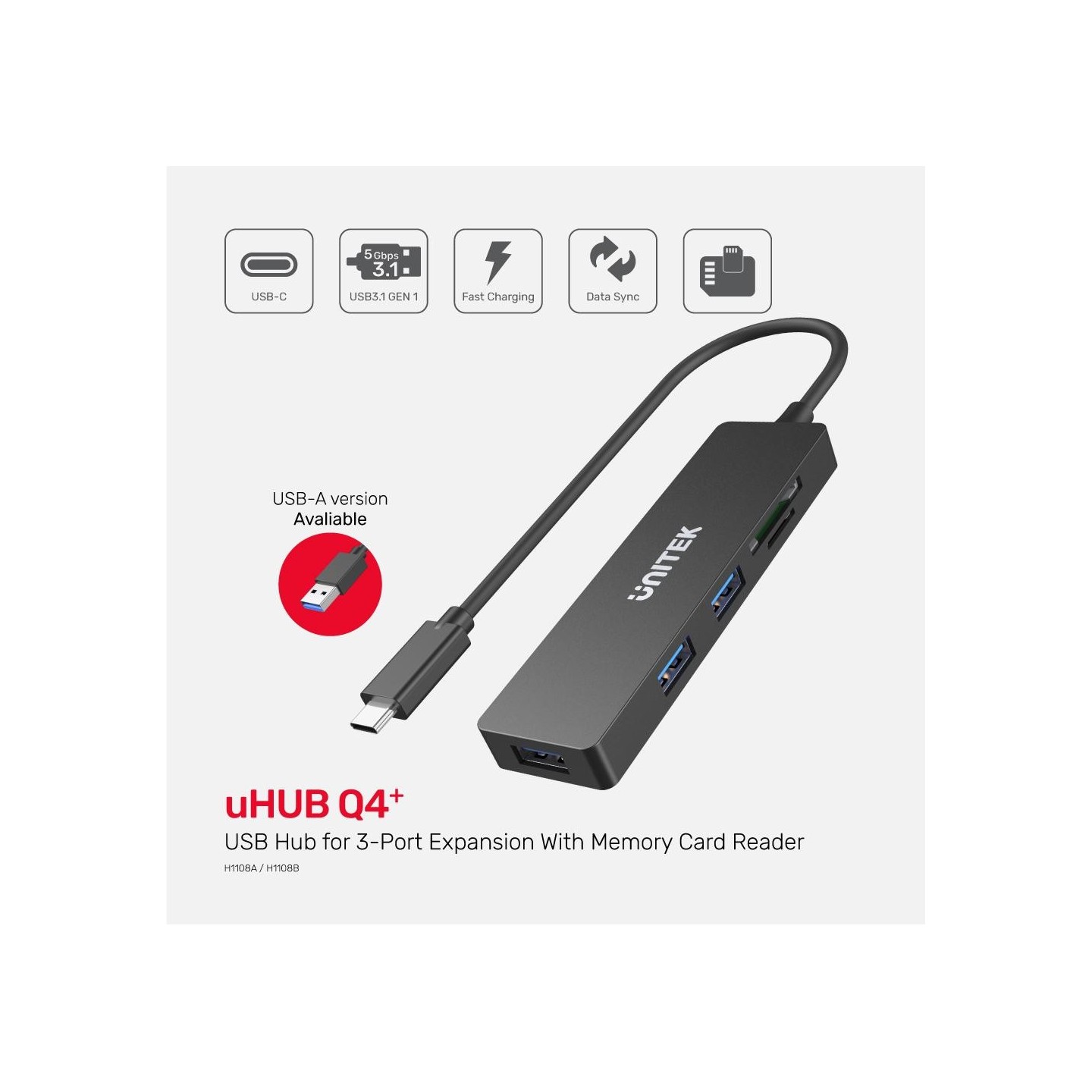 Unitek USB3.1 Hub 3port USB3.1 & Card Reader - H1108A - USB3.1 Hub 3port USB3.1 & Card Reader