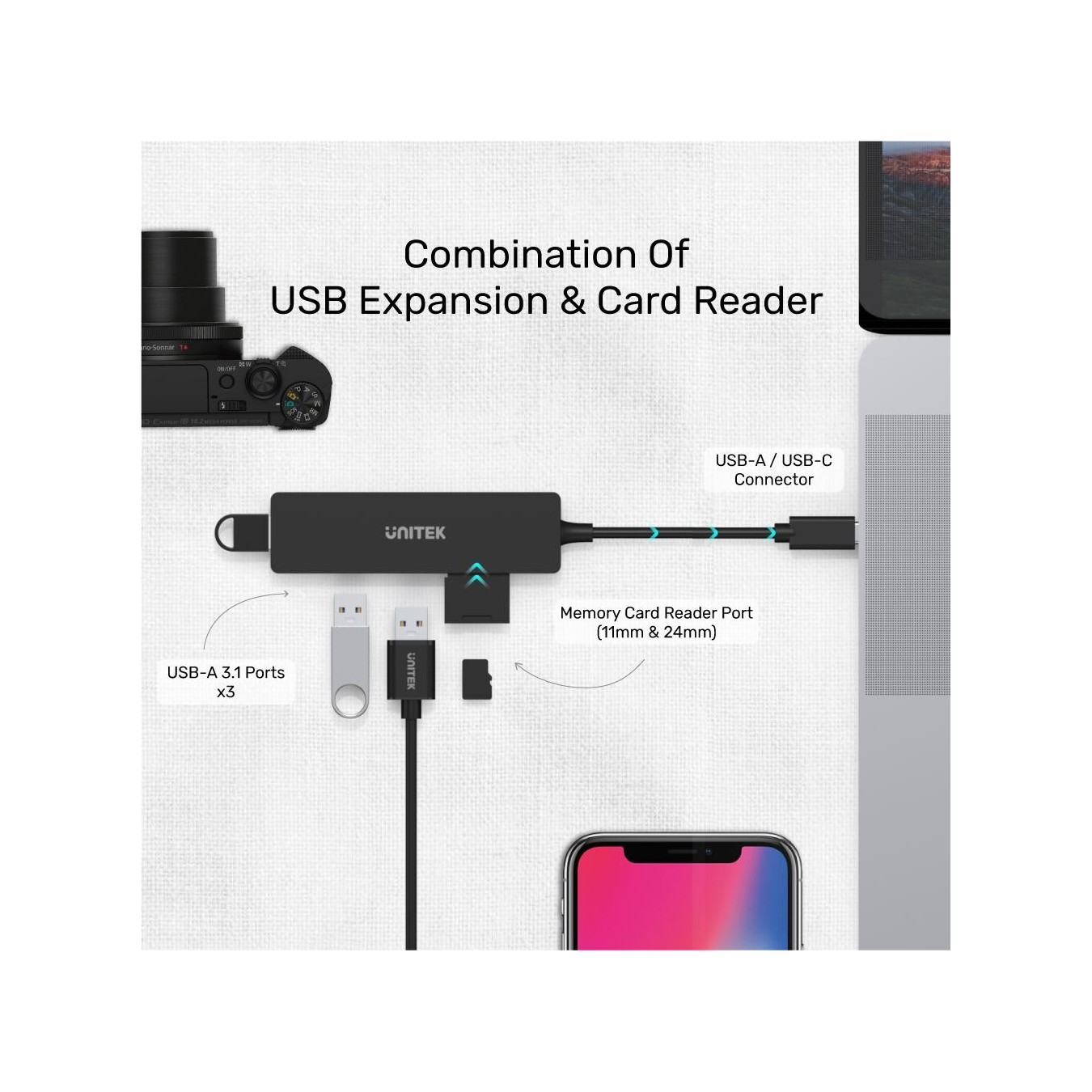 Unitek H1108A USB 3.1 3-Port Hub with Card Reader – 5Gbps SD/microSD Reader | Armenius Store