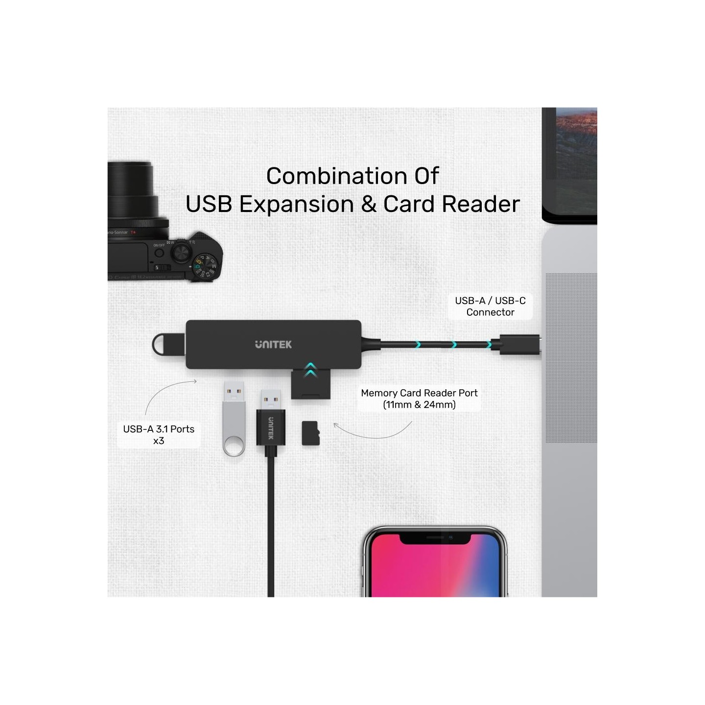 Unitek USB3.1 Hub 3port USB3.1 & Card Reader - H1108A - USB3.1 Hub 3port USB3.1 & Card Reader