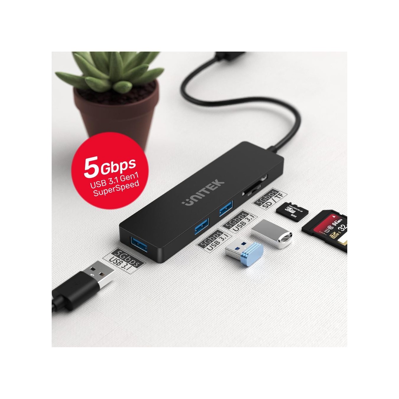 Unitek H1108A USB 3.1 3-Port Hub with Card Reader – 5Gbps SD/microSD Reader | Armenius Store
