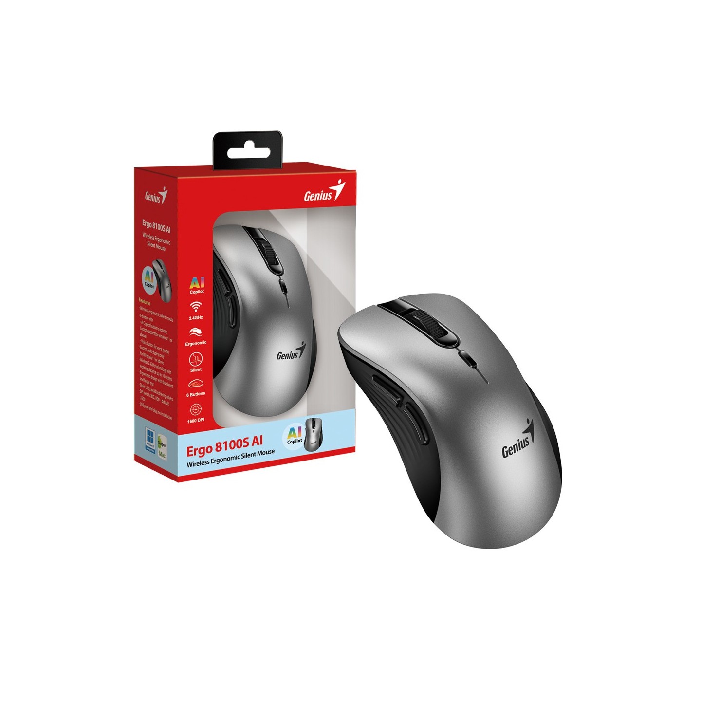 Genius Ergo 8100S AI Wireless Silent Ergonomic Mouse Silver (Boxed) — Buy in Cyprus with Fast Delivery