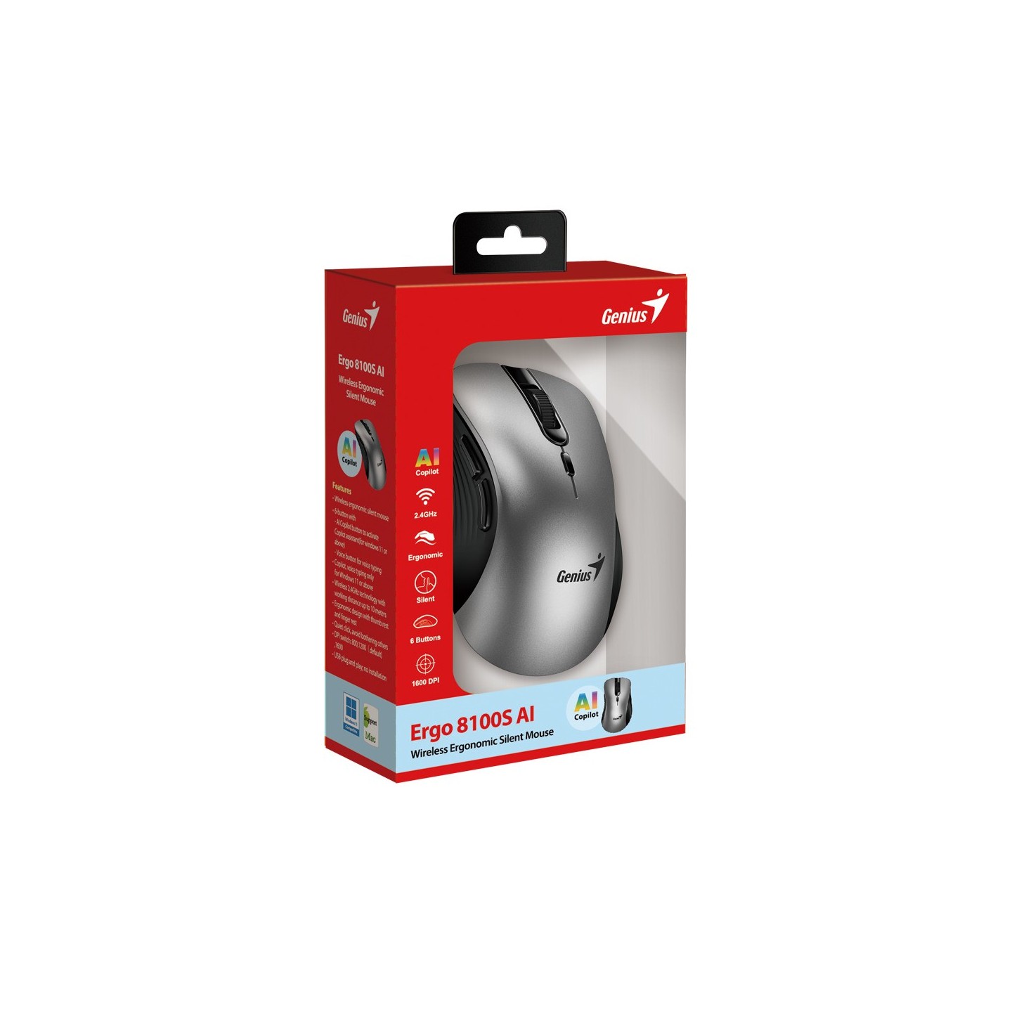 Genius Ergo 8100S AI Wireless Silent Ergonomic Mouse Silver (Boxed) — Buy in Cyprus with Fast Delivery