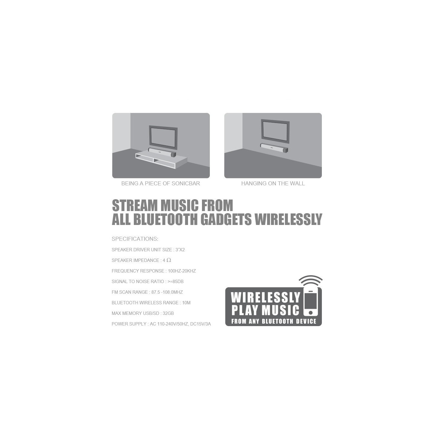 SonicGear Soundbar for TV PC - SONICBAR 3000 - 40W RMS Bluetooth, SD Card & FM — Buy in Cyprus with Fast Delivery