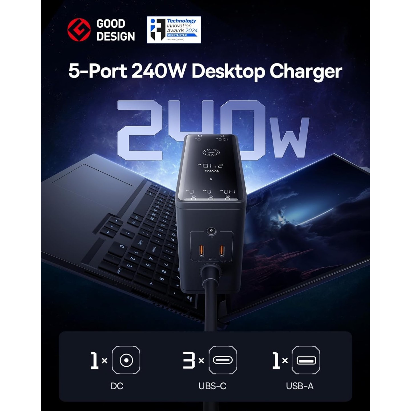 Baseus Desktop Charger 240W 3C+U+DC Touch Display & App Control incl 240W Charging Cable - Can Charge two Laptops