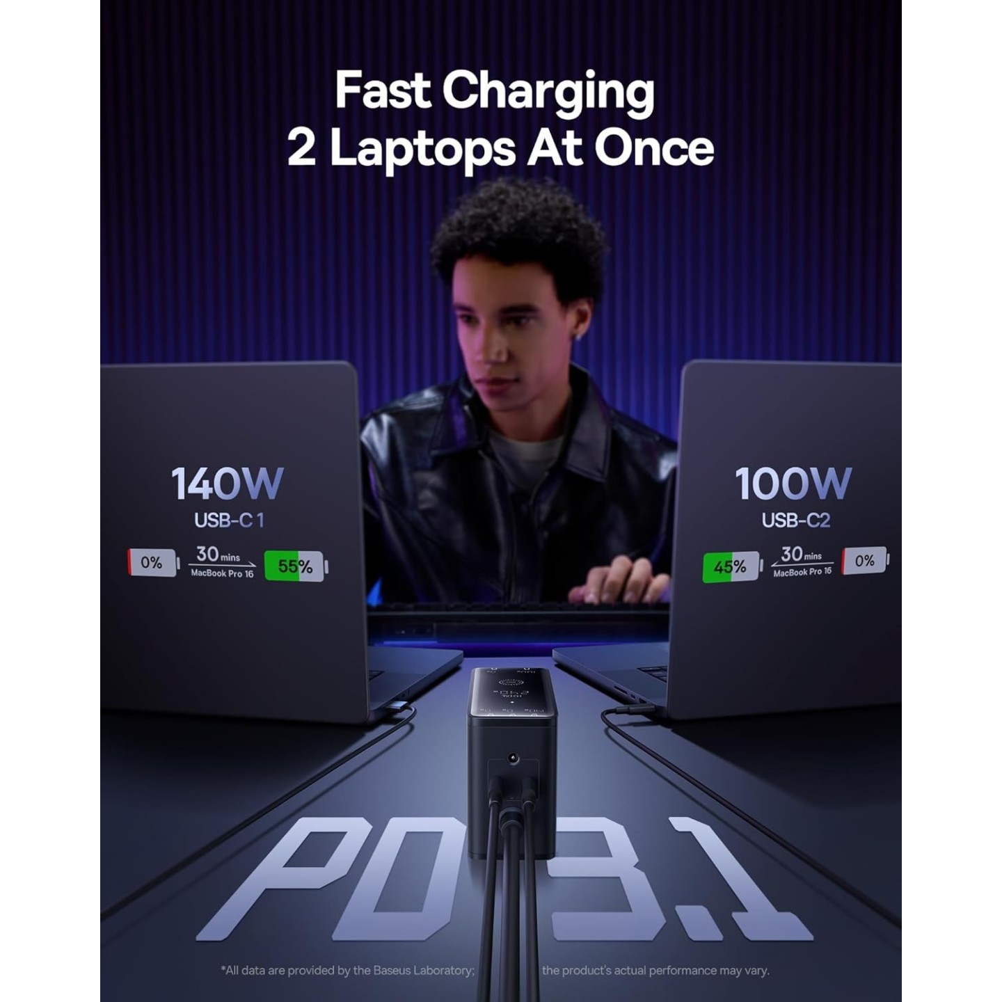 Baseus Desktop Charger 240W 3C+U+DC Touch Display & App Control incl 240W Charging Cable - Can Charge two Laptops