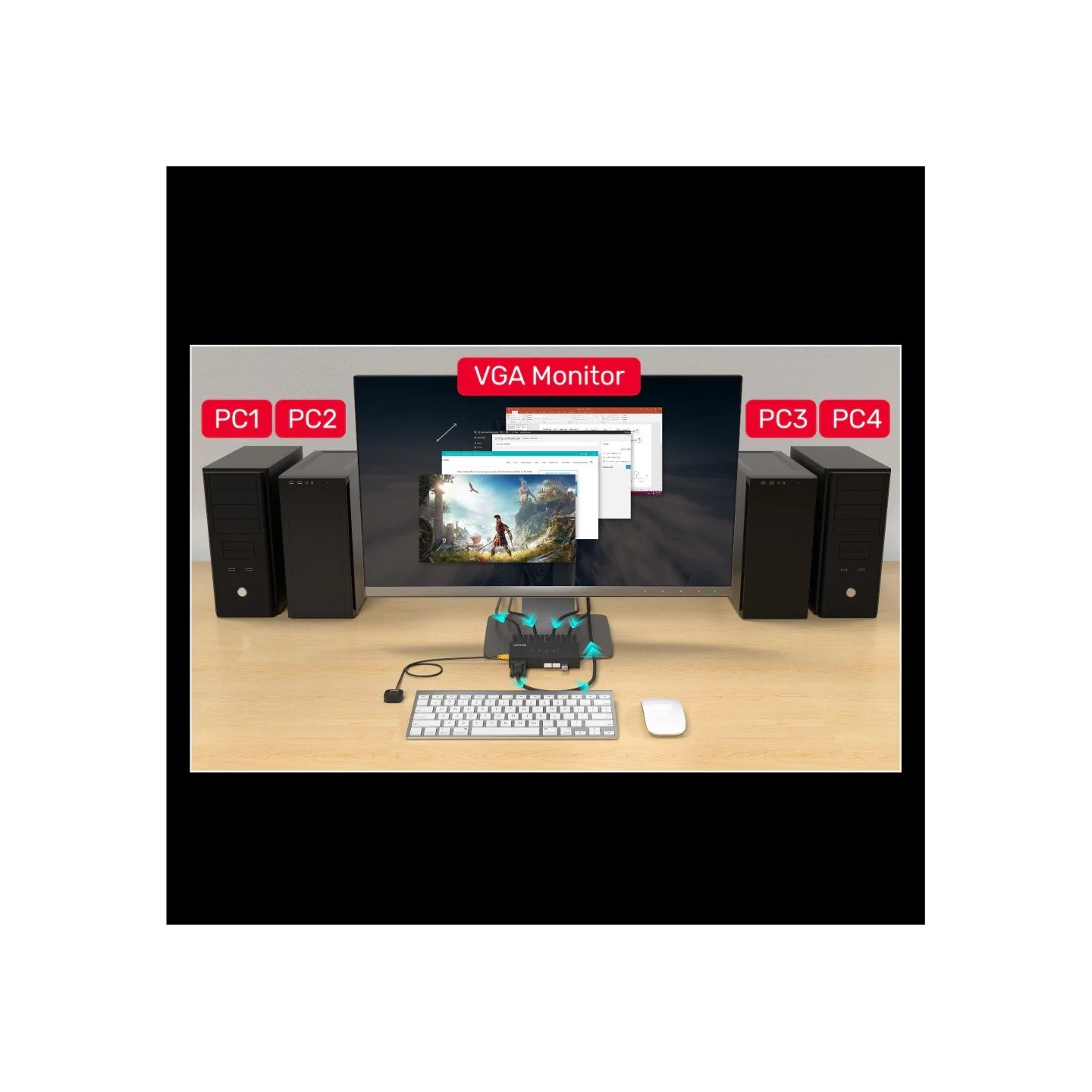 Unitek VGA KVM Switch 4In1Out w 3-Port USB2.0 Hub - U-8710ABK - VGA, 4In1Out, 3-Port USB2.0 Hub