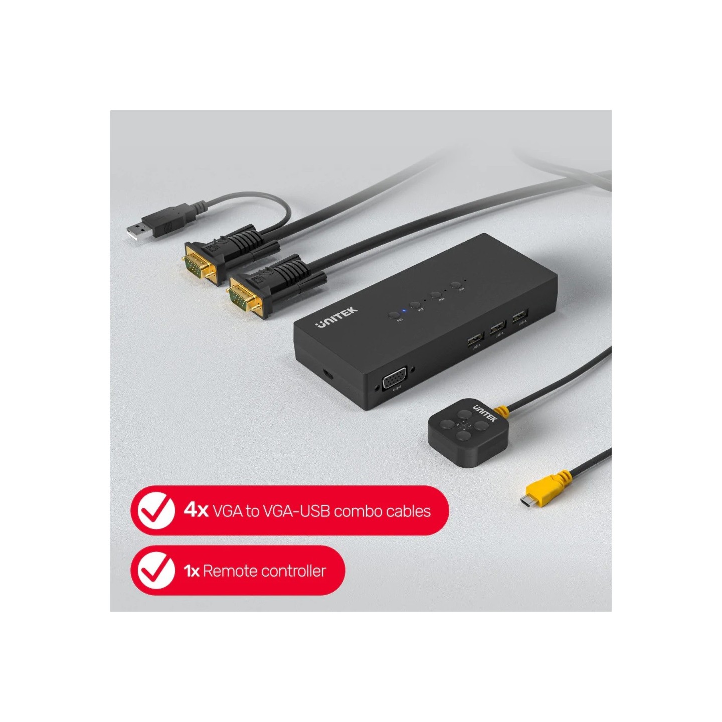 Unitek VGA KVM Switch 4In1Out w 3-Port USB2.0 Hub - U-8710ABK - VGA, 4In1Out, 3-Port USB2.0 Hub