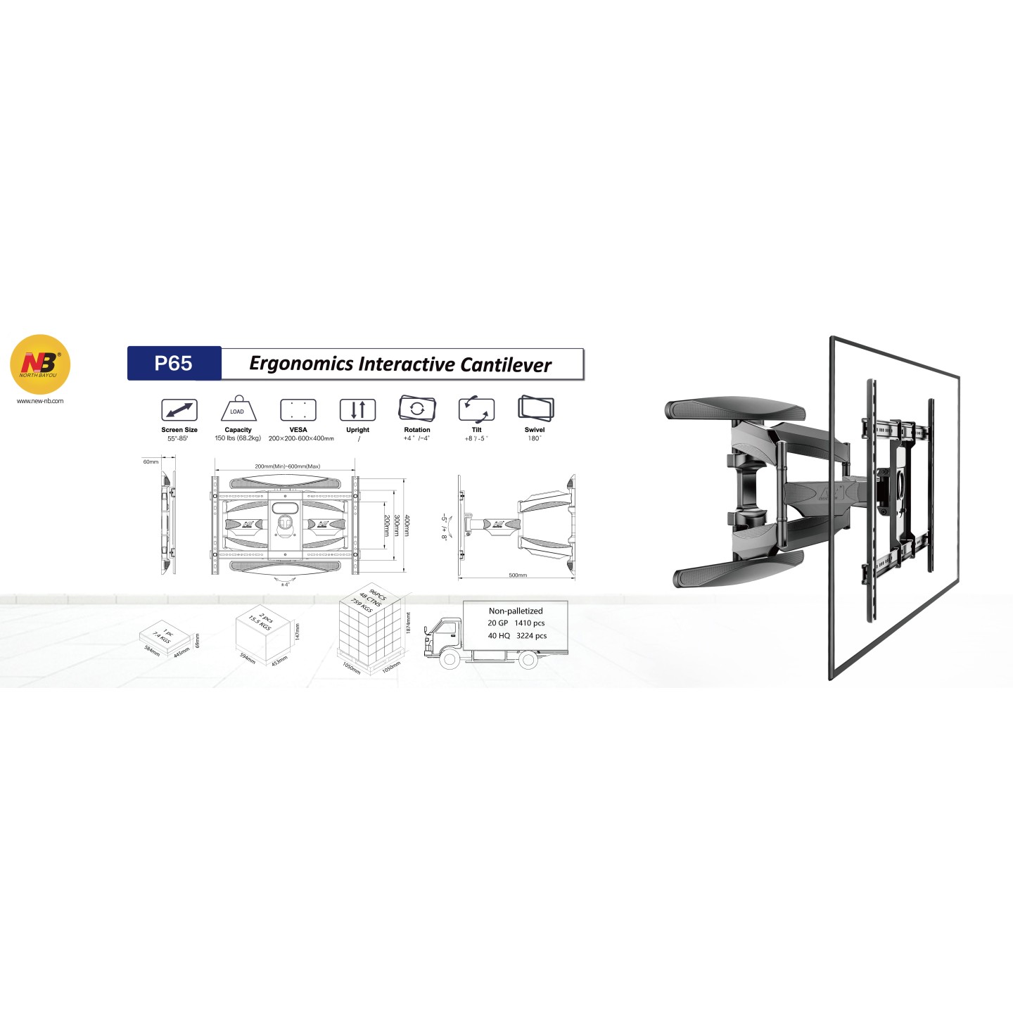 NBMounts Quad Arm Mount - P65 - 60x40 50-80'' — Buy in Cyprus with Fast Delivery