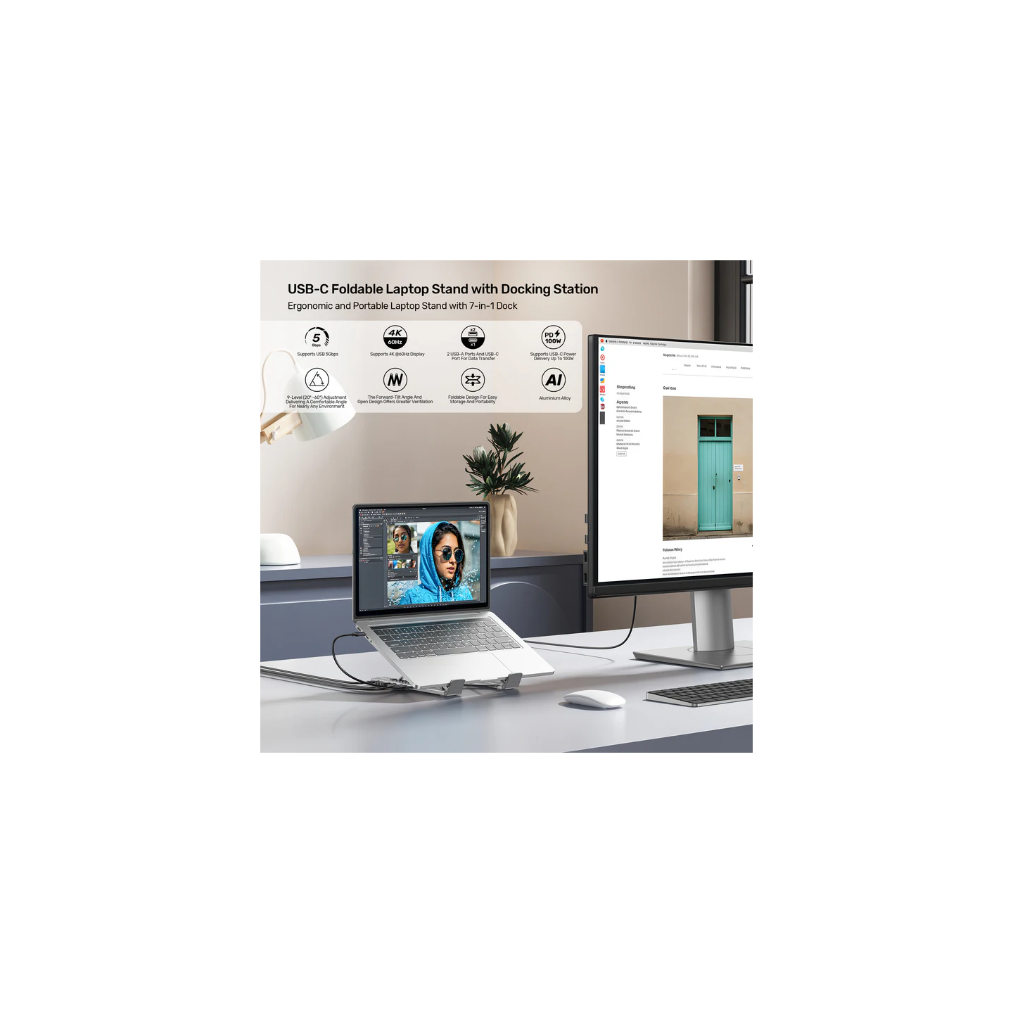 Unitek Stand for Laptop Foldable with Hub - D1137A - 2x USB-A, 1x USB-C, HDMI, SD, PD100W — Buy in Cyprus with Fast Delivery