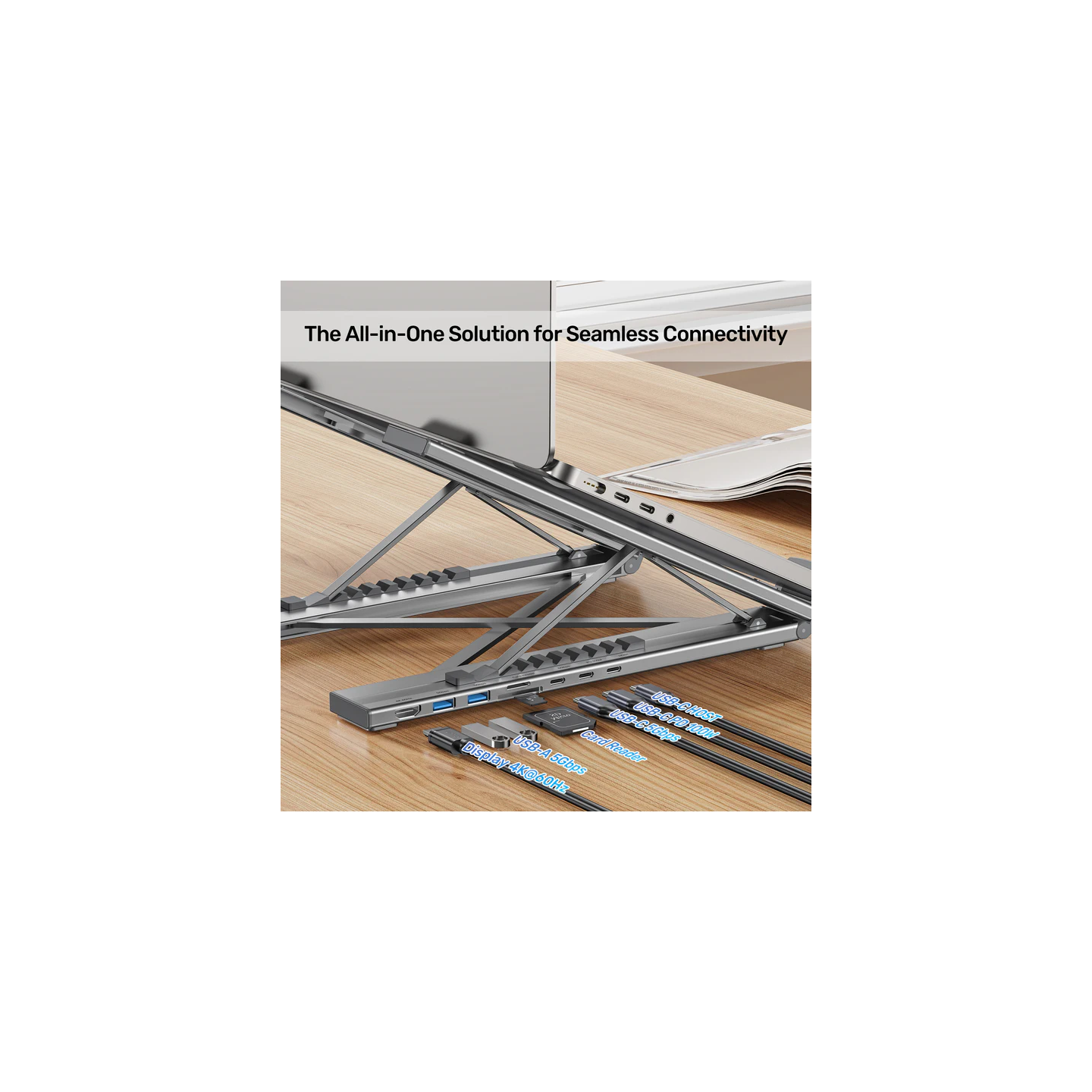 Unitek Stand for Laptop Foldable with Hub - D1137A - 2x USB-A, 1x USB-C, HDMI, SD, PD100W — Buy in Cyprus with Fast Delivery
