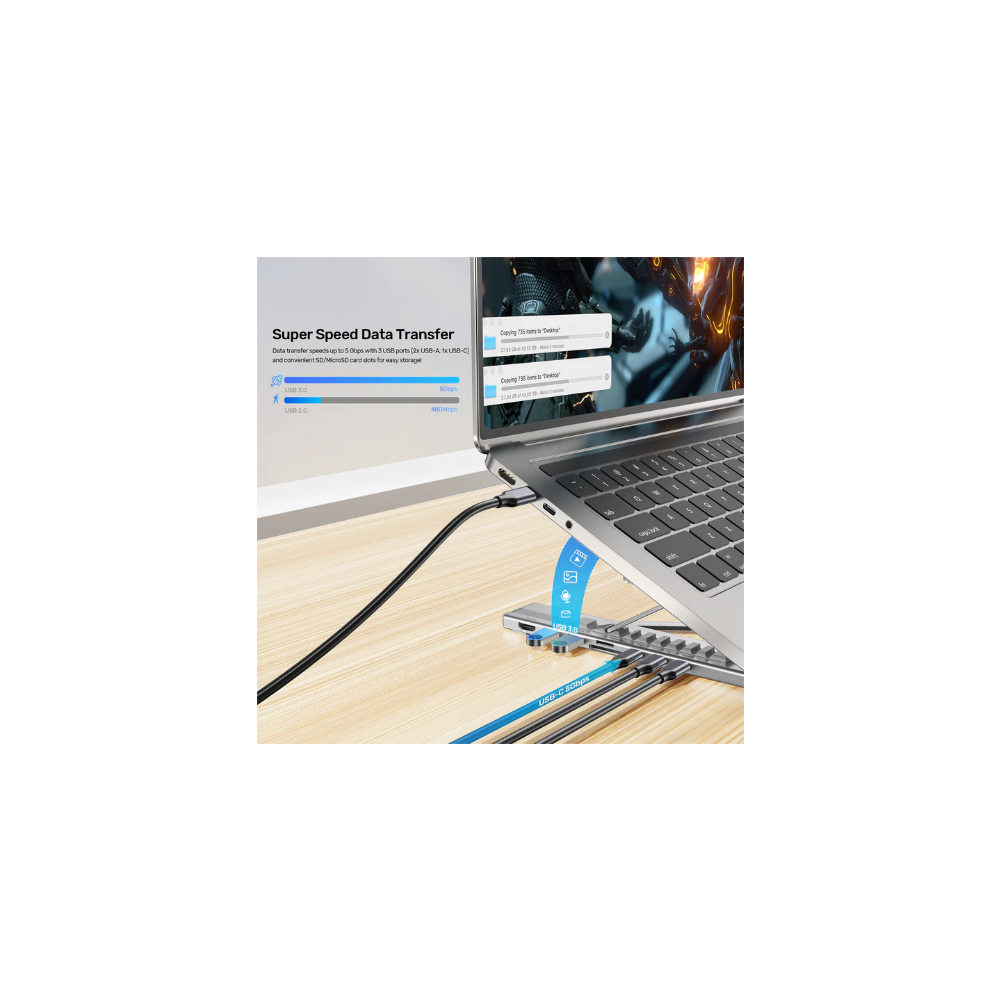 Unitek Stand for Laptop Foldable with Hub - D1137A - 2x USB-A, 1x USB-C, HDMI, SD, PD100W — Buy in Cyprus with Fast Delivery