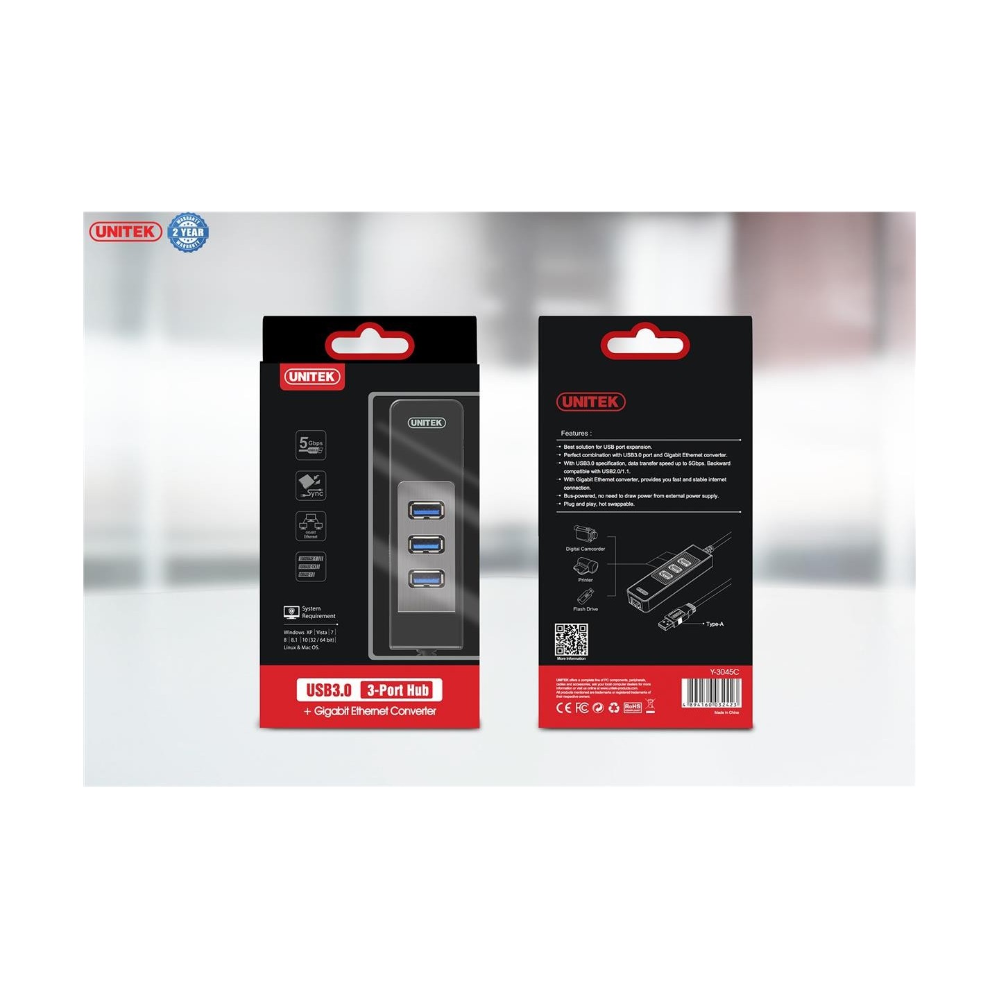 Unitek USB3.0 3-Port Hub w Gigabit LAN - Y-3045C - USB3.0 3-Port Hub w Gigabit LAN — Buy in Cyprus with Fast Delivery