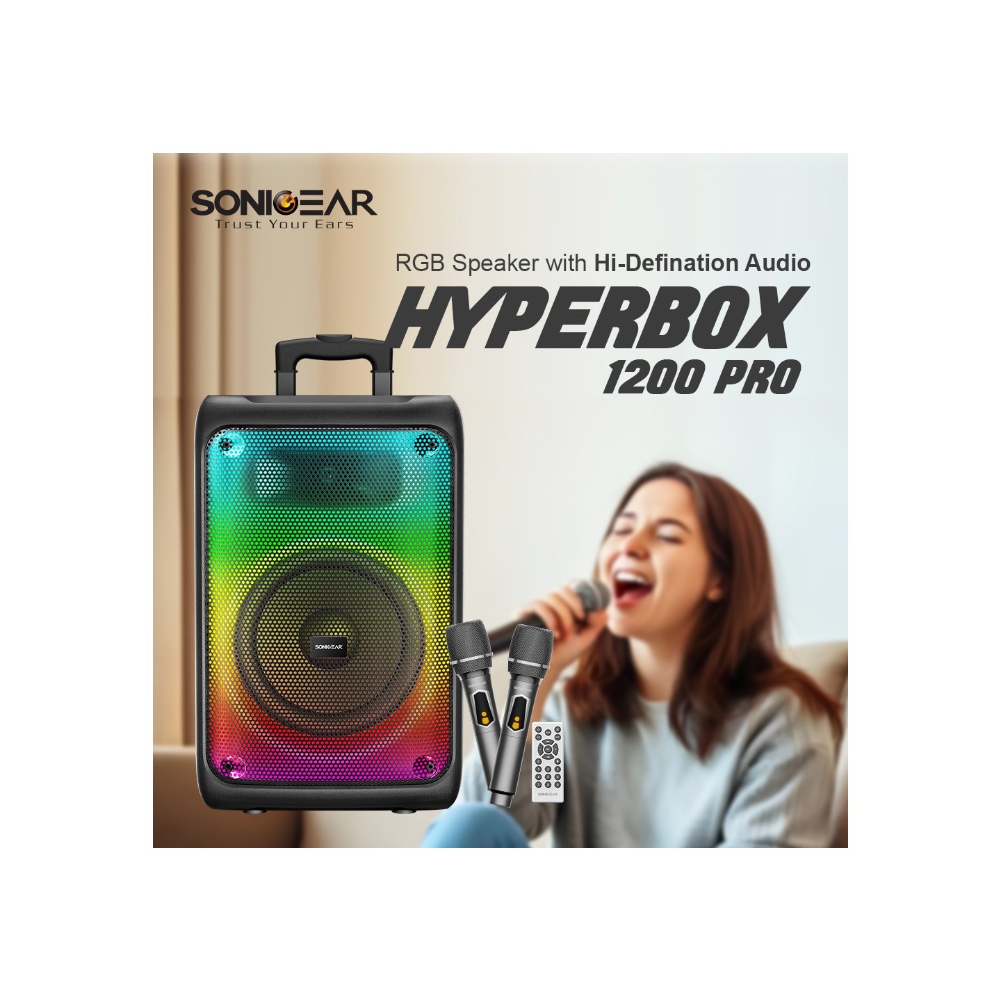 SonicGear Portable Karaoke Speaker - HYPERBOX 1200 Pro - 12'' 110W TWS BT USB 2x Mics — Buy in Cyprus with Fast Delivery