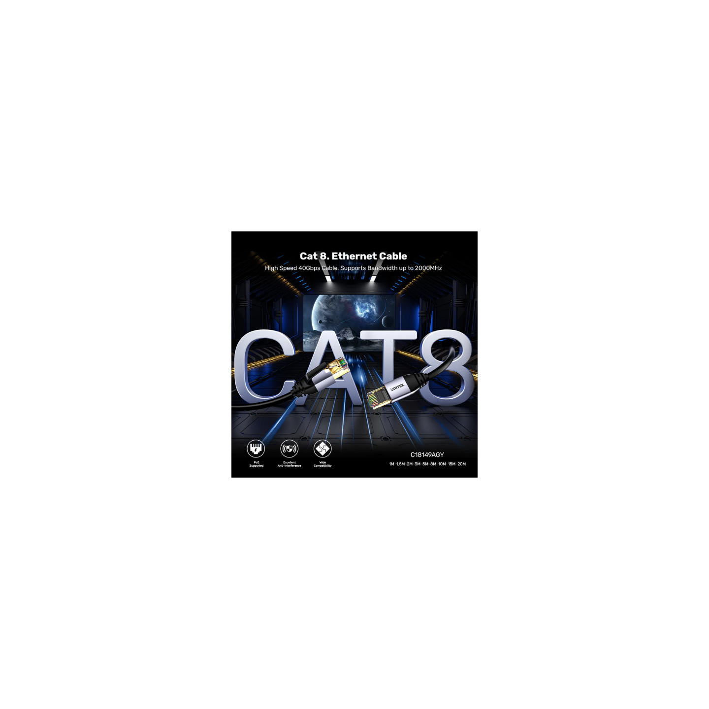 Unitek Network Patch Cable - C18149A-8M - CAT8 Black 8.0m — Buy in Cyprus with Fast Delivery